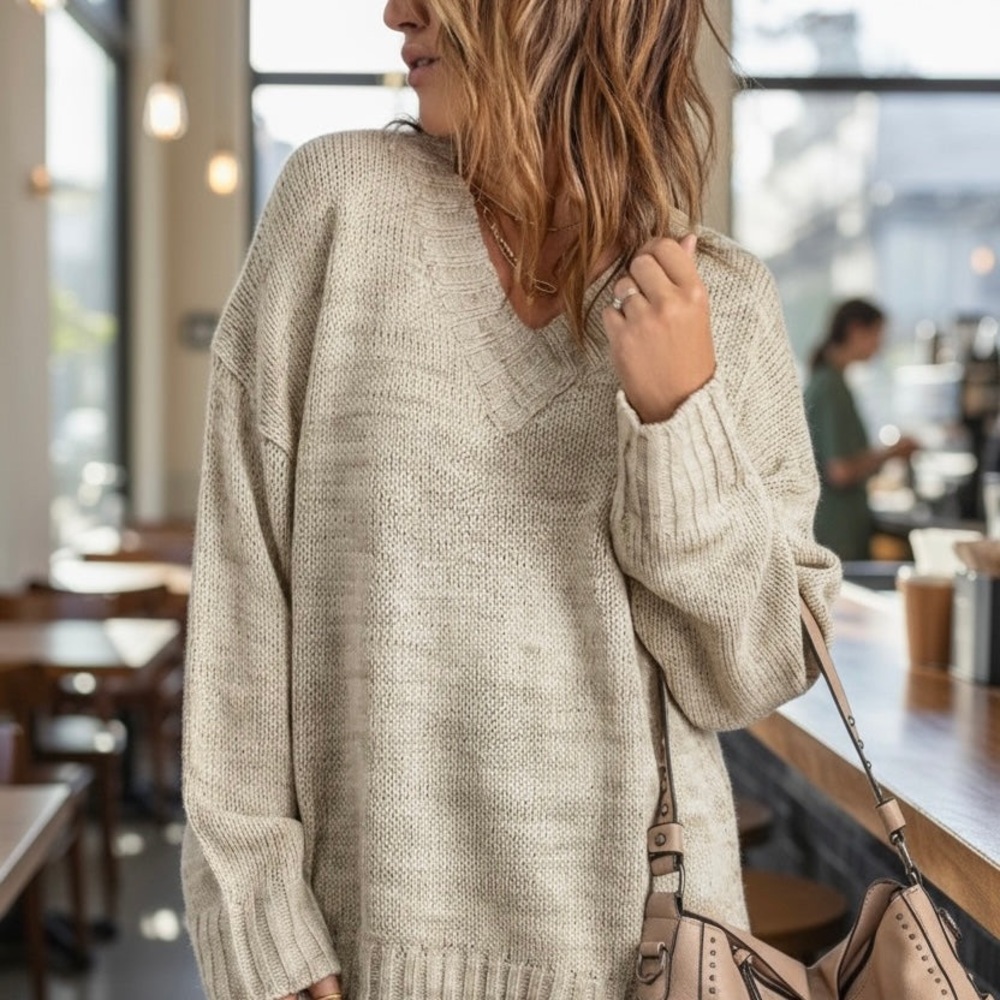 NEW Cozy Cream Neutral Knit Long Sleeve Vneck Sweater